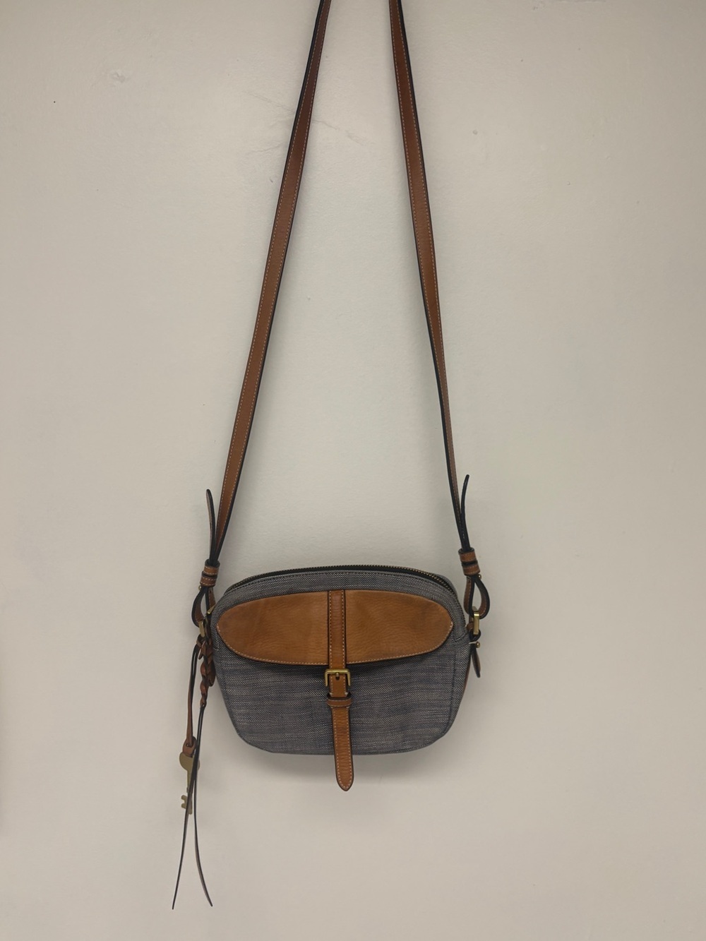 Fossil Kendall Crossbody Bag Leather and Fabric with Charm